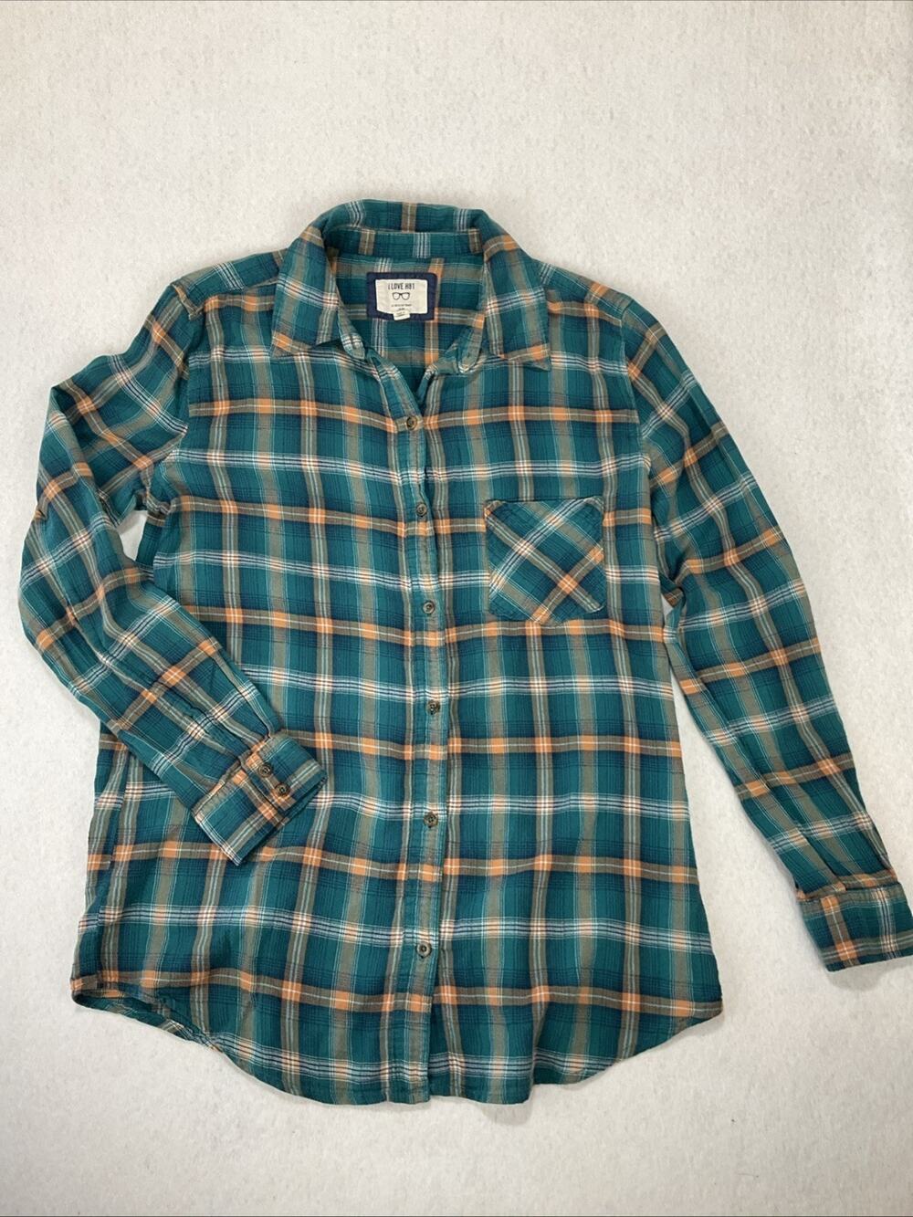 Long Sleeve Button Up Teal Cotton Plaid Shirt Roll Tab Sleeve Academia Gorp S